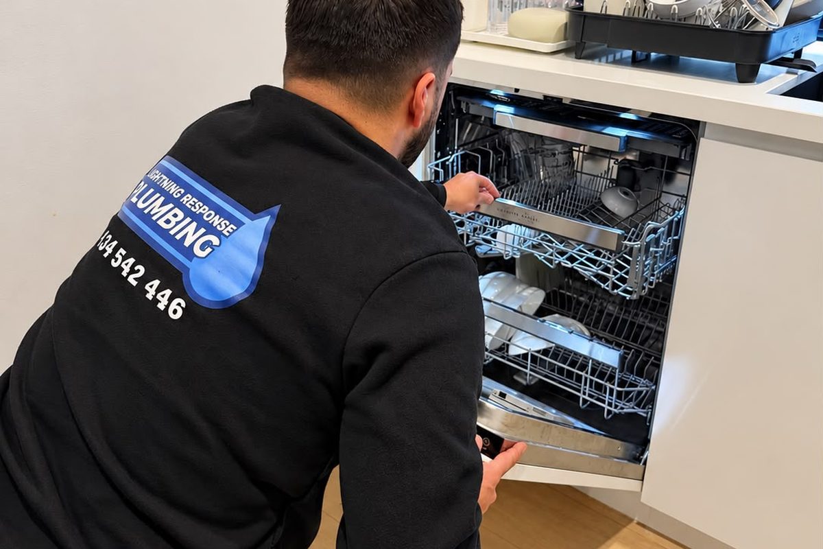 Lightning Response Plumbing plumber installing a dishwasher in a Melbourne kitchen
