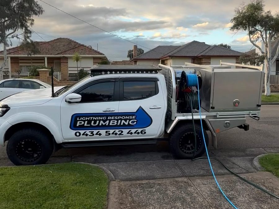Lightning Response Plumbing drain cleaning equipment — CCTV camera, high-pressure jetter and hose on the ute
