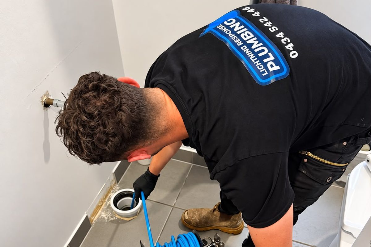 Lightning Response Plumbing plumber clearing a blocked drain with a high pressure jetter in a Melbourne bathroom