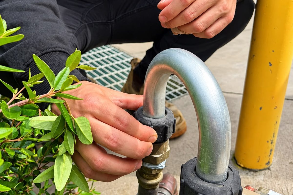 Licensed gas fitter connecting pipework at a gas meter on a Melbourne home