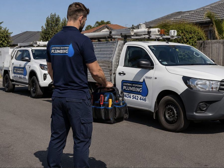 Lightning Response Plumbing branded utes on a Melbourne job