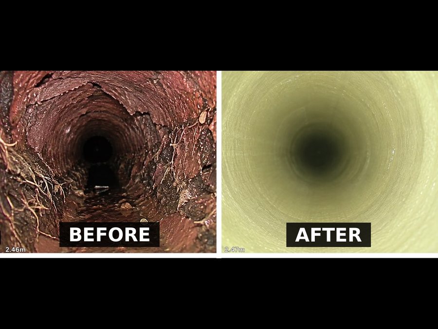 CCTV before and after of a pipe relining repair — cracked drain restored with a cured liner
