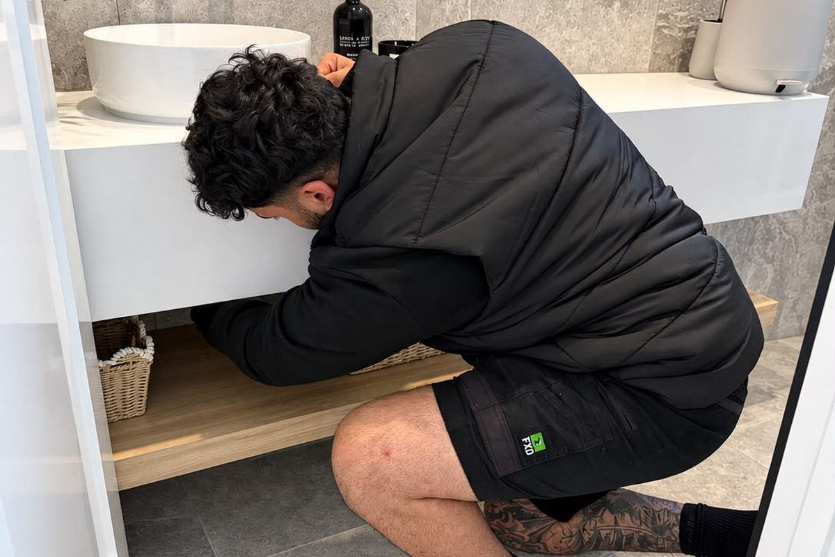 Plumber fitting the waste under a new floating vanity during a Melbourne bathroom renovation