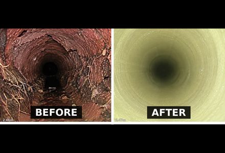CCTV before and after of a pipe relining repair — cracked drain restored with a cured liner
