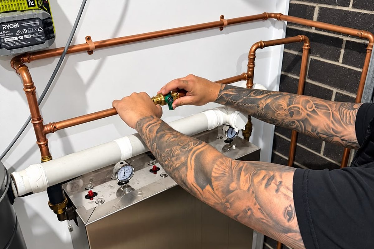 Plumber fitting copper pipework and valves to a whole house water filtration system in Melbourne
